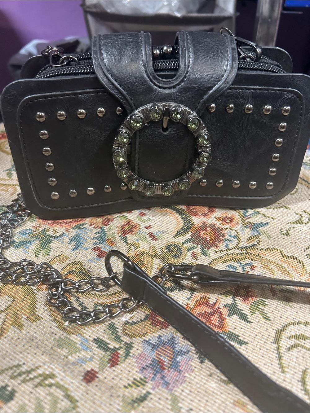 Black Studded Crossbody with Jeweled Ring Accent